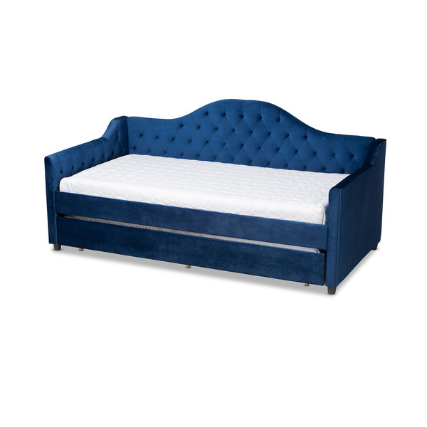 Baxton Studio Perry Blue Velvet Upholstered and Tufted Twin Size Daybed with Trundle 156-9450